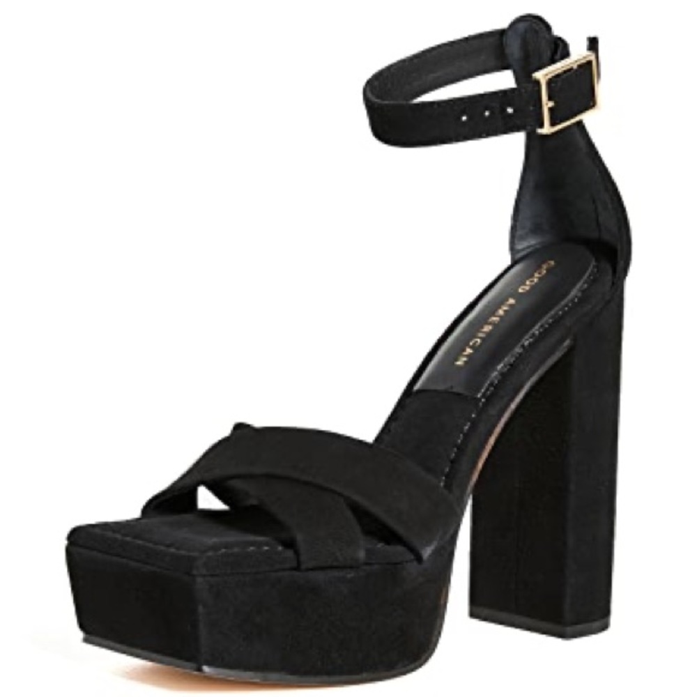 NEW Good American Platform Sandals Black Suede Heels Size 8.5